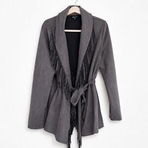 Alice Blue Gray Faux Suede Fringe Jacket Cinched Waist XL J44148